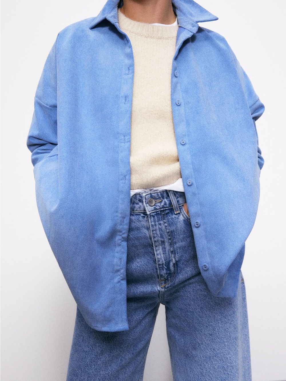 Zara Oversized Corduroy Light Blue Button-Up Shirt Jacket